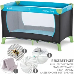 Reisebett XXL-Sparset - Dream`n Play inkl. Alvi Reisebett-Matratze + Wasserdichte Betteinlage + 2 Spannbettlaken + Insektenschutz - Waterblue