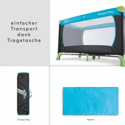 Reisebett XXL-Sparset - Dream`n Play inkl. Alvi Reisebett-Matratze + Wasserdichte Betteinlage + 2 Spannbettlaken + Insektenschutz - Waterblue
