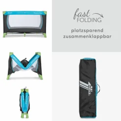 Reisebett XXL-Sparset - Dream`n Play inkl. Alvi Reisebett-Matratze + Wasserdichte Betteinlage + 2 Spannbettlaken + Insektenschutz - Waterblue