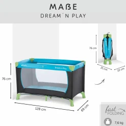 Reisebett XXL-Sparset - Dream`n Play inkl. Alvi Reisebett-Matratze + Wasserdichte Betteinlage + 2 Spannbettlaken + Insektenschutz - Waterblue