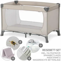 Reisebett XXL-Sparset - Dream`n Play inkl. Alvi Reisebett-Matratze + Wasserdichte Betteinlage + 2 Spannbettlaken + Insektenschutz - Beige