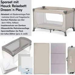 Reisebett XXL-Sparset - Dream`n Play inkl. Alvi Reisebett-Matratze + Wasserdichte Betteinlage + 2 Spannbettlaken + Insektenschutz - Beige