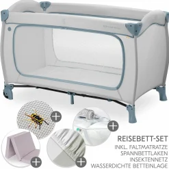 Reisebett XXL-Sparset - Sleep N Play Go Plus inkl. Alvi Reisebett-Matratze + Wasserdichte Betteinlage + 2 Spannbettlaken + Insektenschutz - Dusty Blue