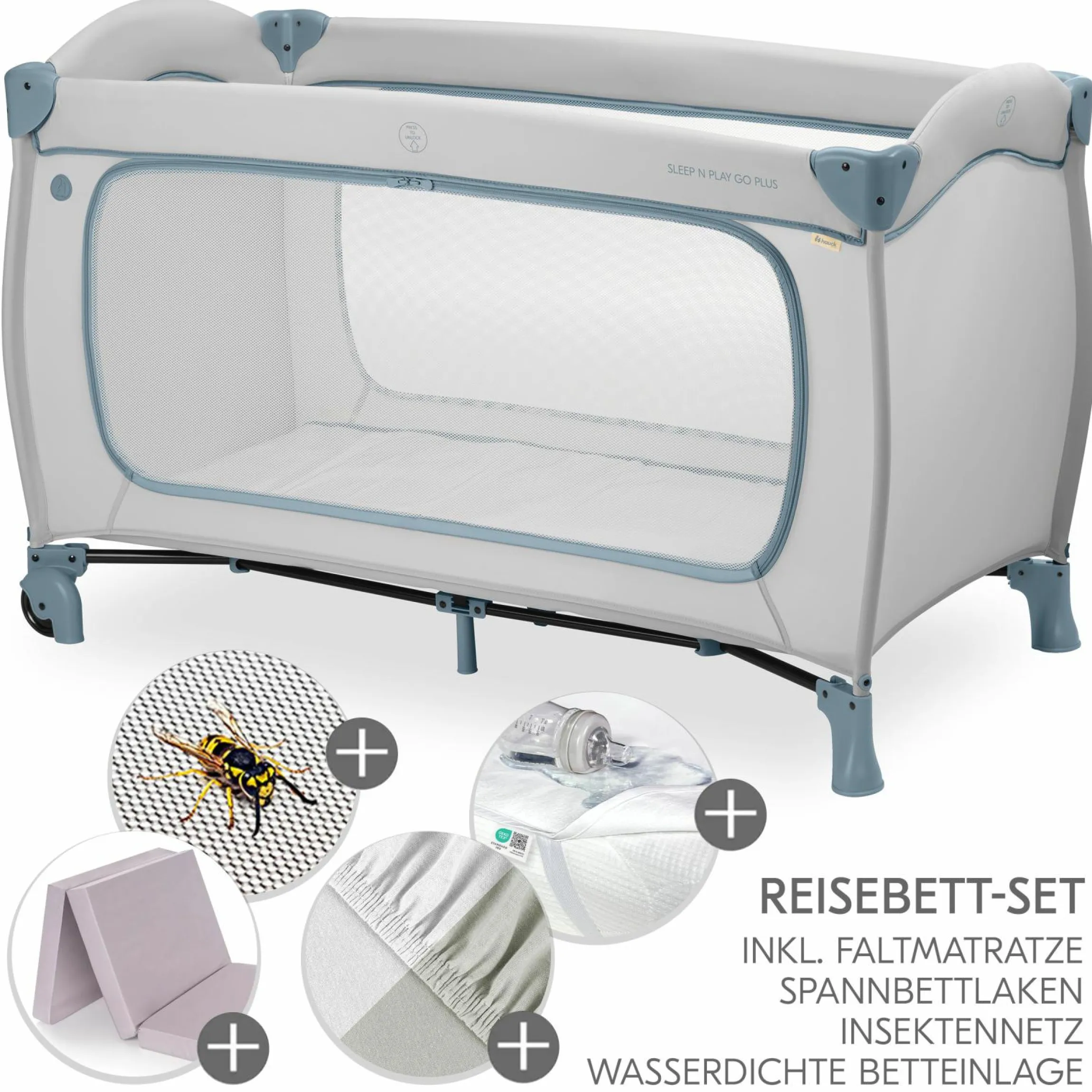 Reisebett XXL-Sparset - Sleep N Play Go Plus inkl. Alvi Reisebett-Matratze + Wasserdichte Betteinlage + 2 Spannbettlaken + Insektenschutz - Dusty Blue