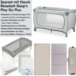 Reisebett XXL-Sparset - Sleep N Play Go Plus inkl. Alvi Reisebett-Matratze + Wasserdichte Betteinlage + 2 Spannbettlaken + Insektenschutz - Dusty Blue