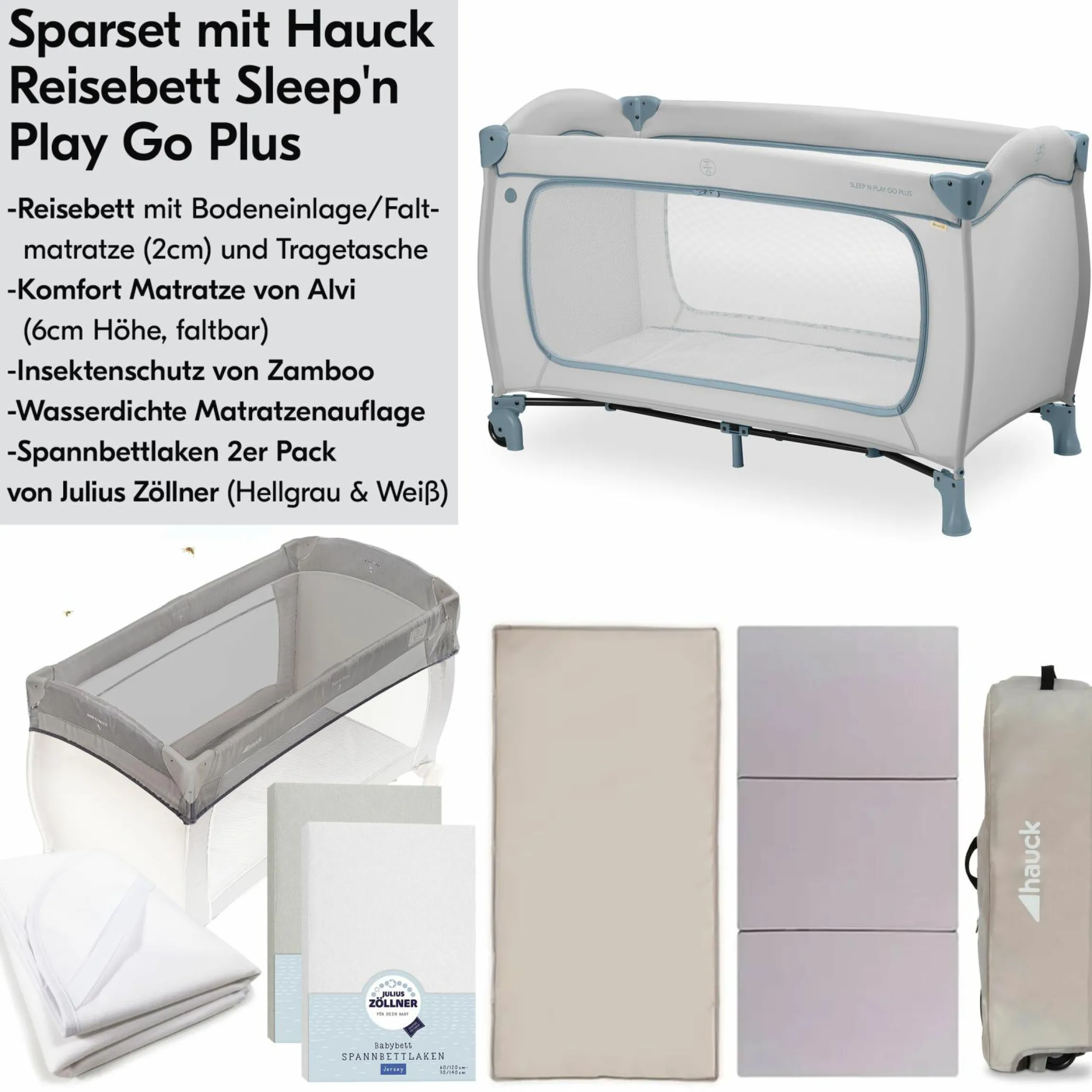 Reisebett XXL-Sparset - Sleep N Play Go Plus inkl. Alvi Reisebett-Matratze + Wasserdichte Betteinlage + 2 Spannbettlaken + Insektenschutz - Dusty Blue