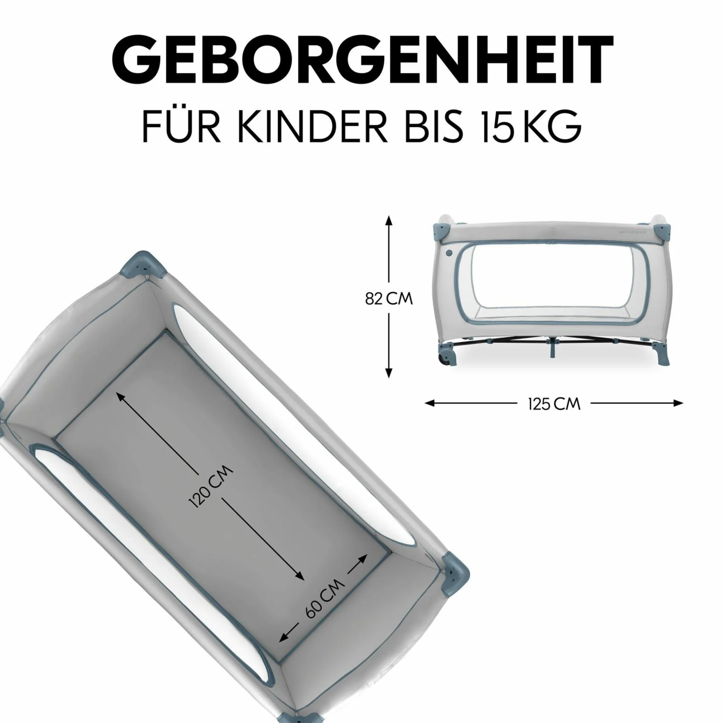 Reisebett XXL-Sparset - Sleep N Play Go Plus inkl. Alvi Reisebett-Matratze + Wasserdichte Betteinlage + 2 Spannbettlaken + Insektenschutz - Dusty Blue