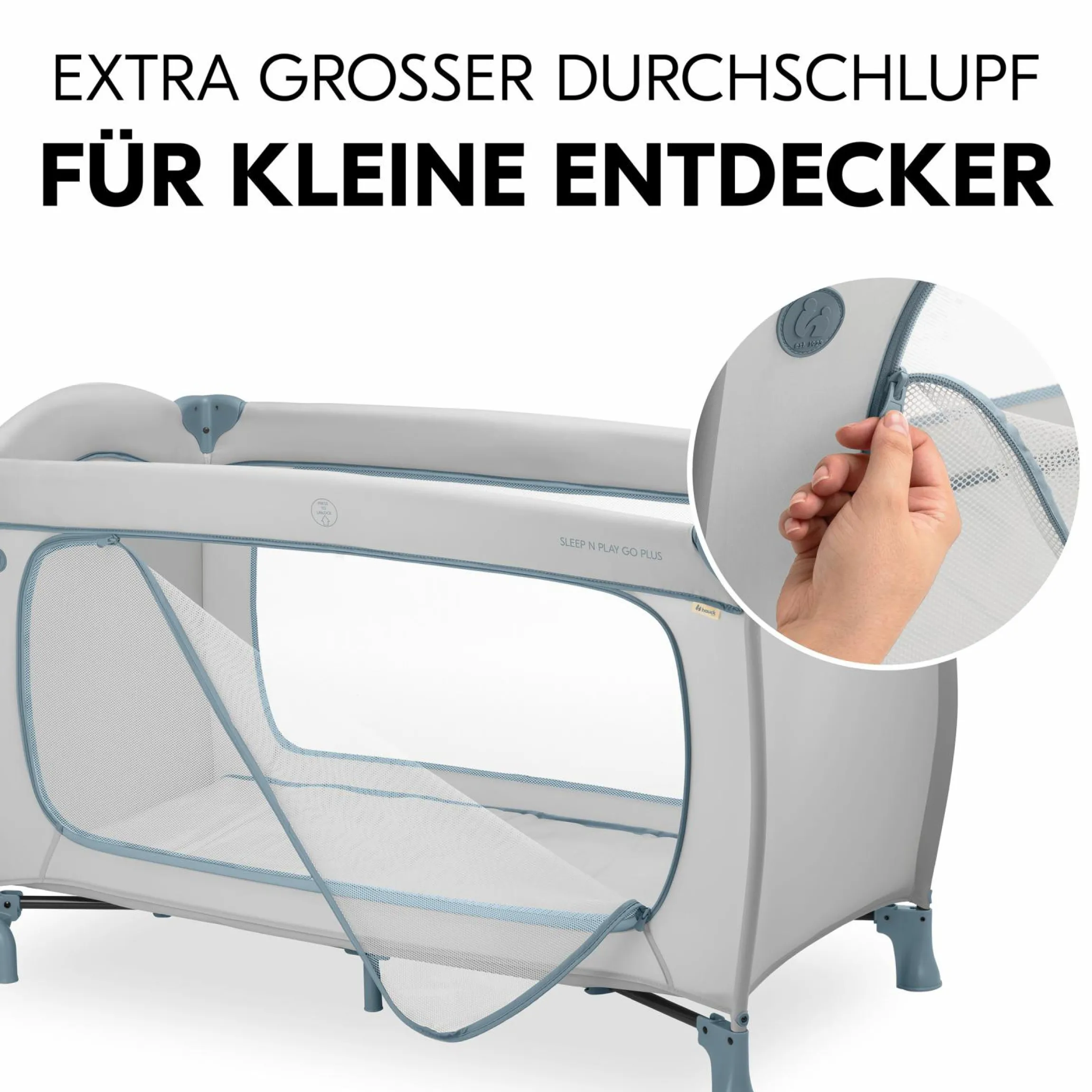 Reisebett XXL-Sparset - Sleep N Play Go Plus inkl. Alvi Reisebett-Matratze + Wasserdichte Betteinlage + 2 Spannbettlaken + Insektenschutz - Dusty Blue