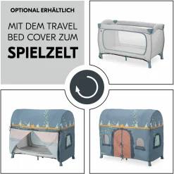 Reisebett XXL-Sparset - Sleep N Play Go Plus inkl. Alvi Reisebett-Matratze + Wasserdichte Betteinlage + 2 Spannbettlaken + Insektenschutz - Dusty Blue