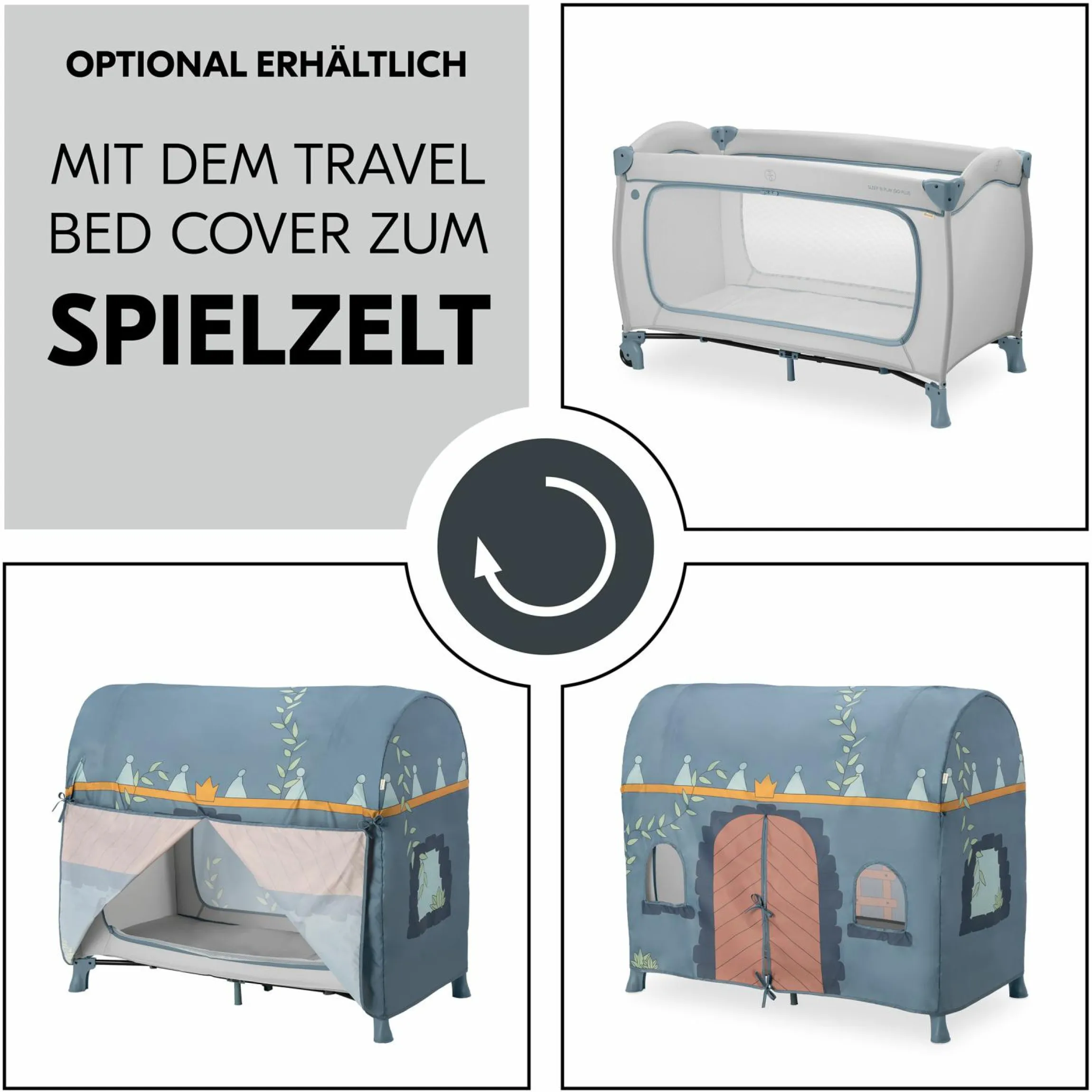 Reisebett XXL-Sparset - Sleep N Play Go Plus inkl. Alvi Reisebett-Matratze + Wasserdichte Betteinlage + 2 Spannbettlaken + Insektenschutz - Dusty Blue