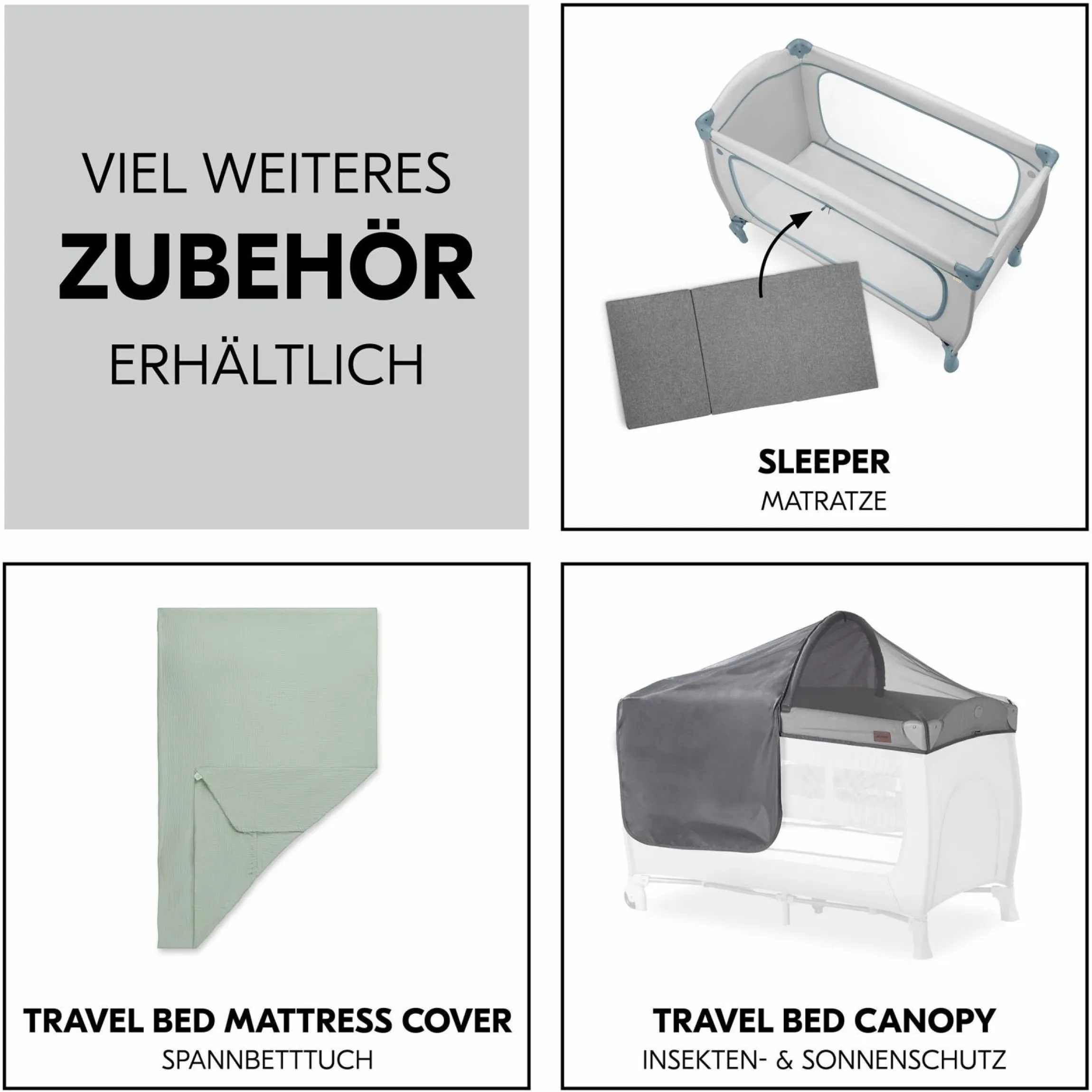 Reisebett XXL-Sparset - Sleep N Play Go Plus inkl. Alvi Reisebett-Matratze + Wasserdichte Betteinlage + 2 Spannbettlaken + Insektenschutz - Dusty Blue