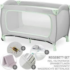 Reisebett XXL-Sparset - Sleep N Play Go Plus inkl. Alvi Reisebett-Matratze + Wasserdichte Betteinlage + 2 Spannbettlaken + Insektenschutz - Dusty Mint