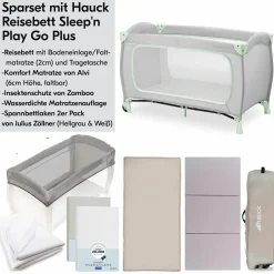 Reisebett XXL-Sparset - Sleep N Play Go Plus inkl. Alvi Reisebett-Matratze + Wasserdichte Betteinlage + 2 Spannbettlaken + Insektenschutz - Dusty Mint