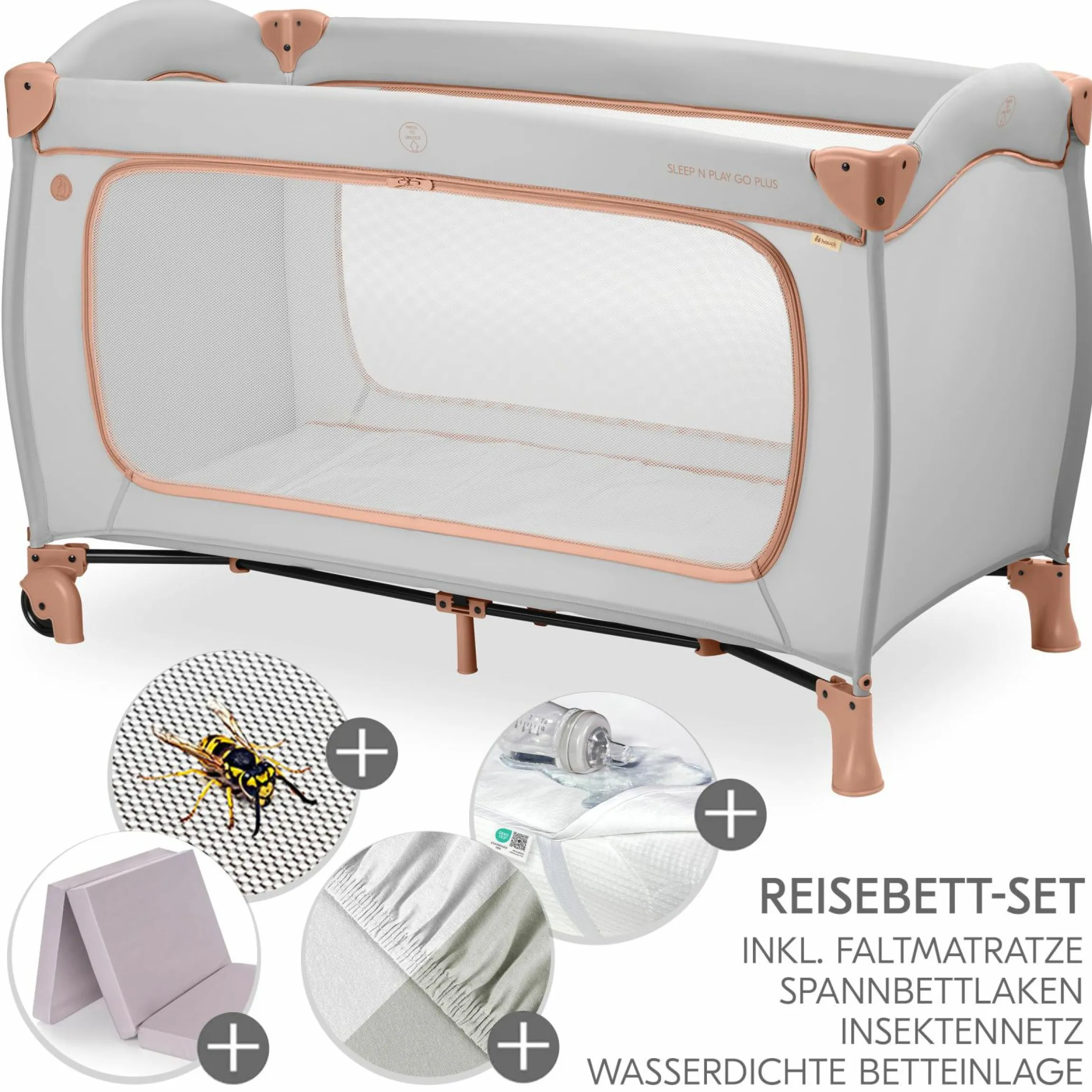Reisebett XXL-Sparset - Sleep N Play Go Plus inkl. Alvi Reisebett-Matratze + Wasserdichte Betteinlage + 2 Spannbettlaken + Insektenschutz - Dusty Cork