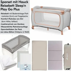 Reisebett XXL-Sparset - Sleep N Play Go Plus inkl. Alvi Reisebett-Matratze + Wasserdichte Betteinlage + 2 Spannbettlaken + Insektenschutz - Dusty Cork