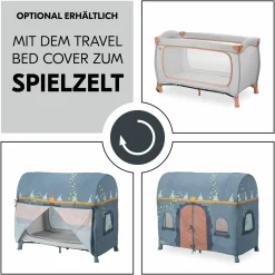 Reisebett XXL-Sparset - Sleep N Play Go Plus inkl. Alvi Reisebett-Matratze + Wasserdichte Betteinlage + 2 Spannbettlaken + Insektenschutz - Dusty Cork