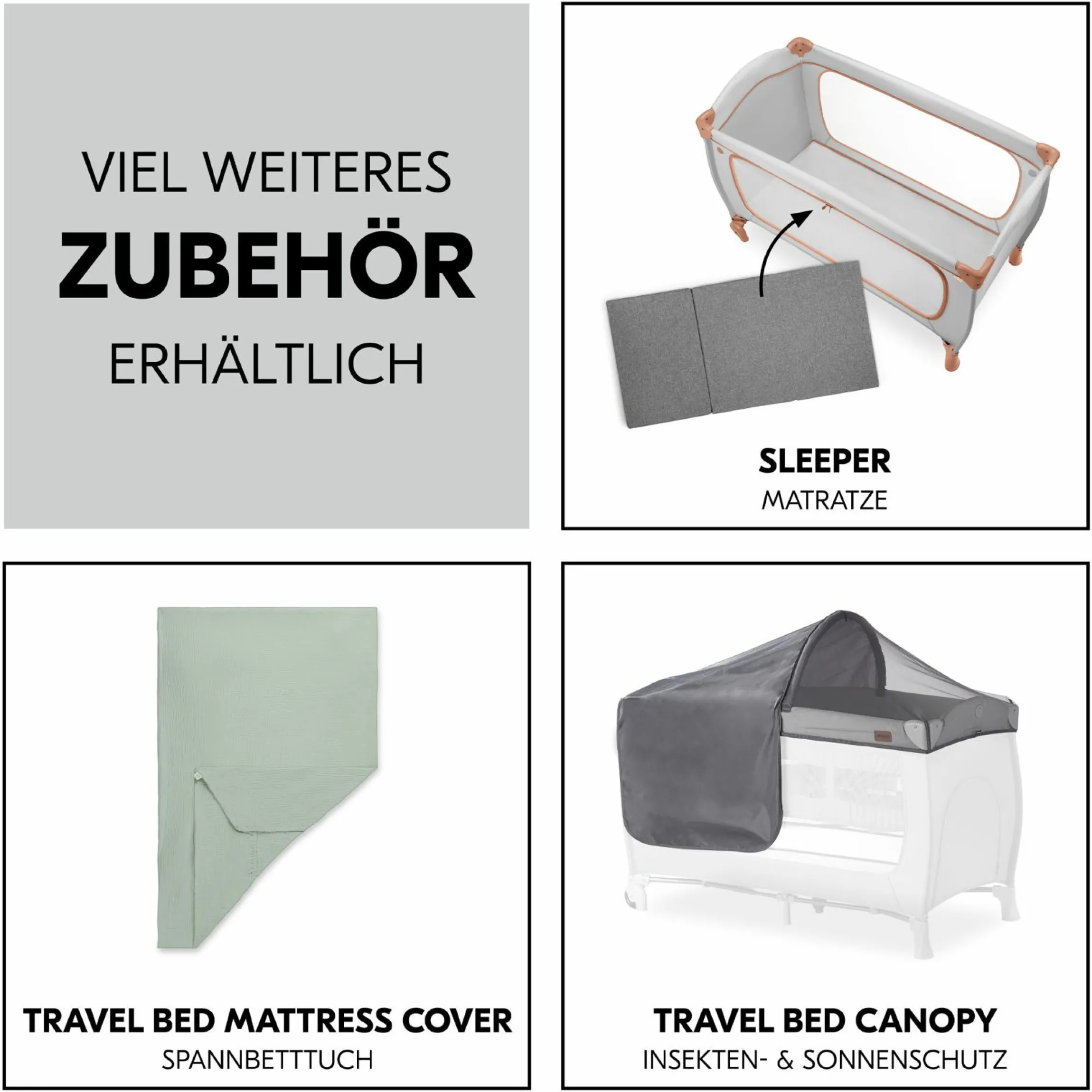 Reisebett XXL-Sparset - Sleep N Play Go Plus inkl. Alvi Reisebett-Matratze + Wasserdichte Betteinlage + 2 Spannbettlaken + Insektenschutz - Dusty Cork
