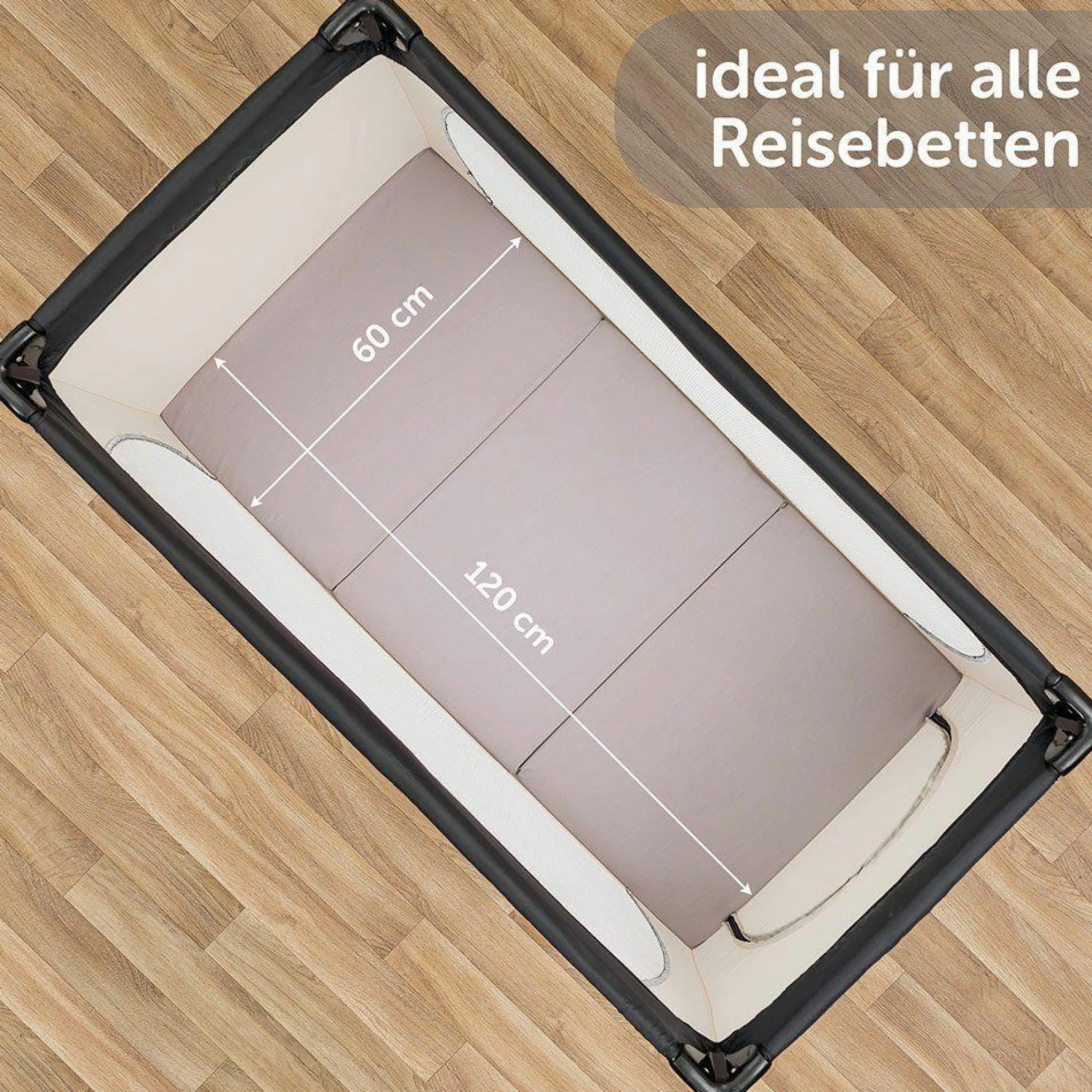 Reisebettmatratze Komfort - 60 x 120 cm / Höhe 6 cm, atmungsaktiv, waschbar, schadstoffgeprüft - Grau