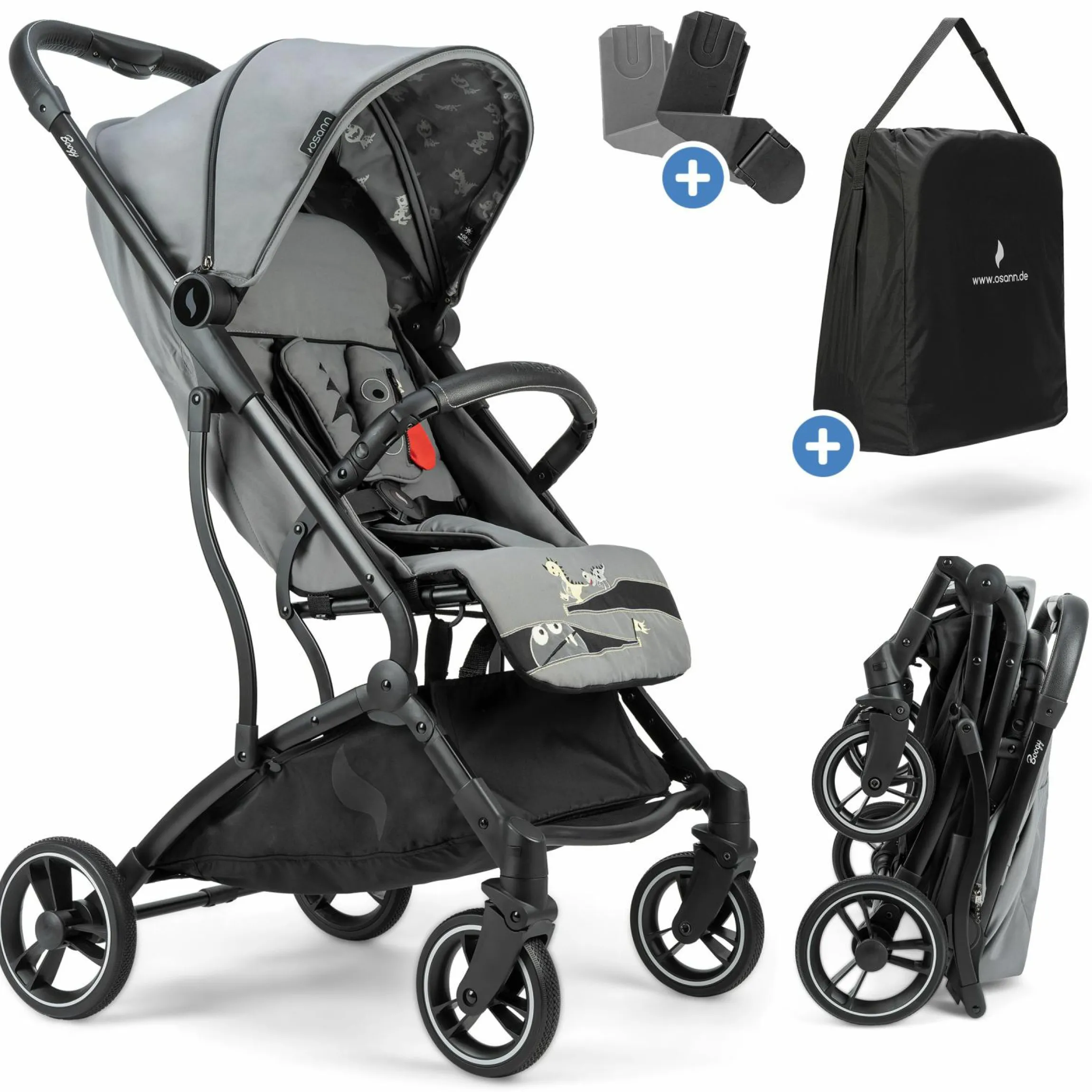 Reisebuggy & Sportwagen Boogy bis 22 kg belastbar nur 6,8 kg leicht inkl. Adapter, Regenschutz & Transporttasche - Monster