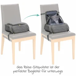 Reise-Sitzpolster Sitzerhöhung inkl. Kinderwagenbefestigung, 2 Thermofächer & extra großes Fach - Grau Melange