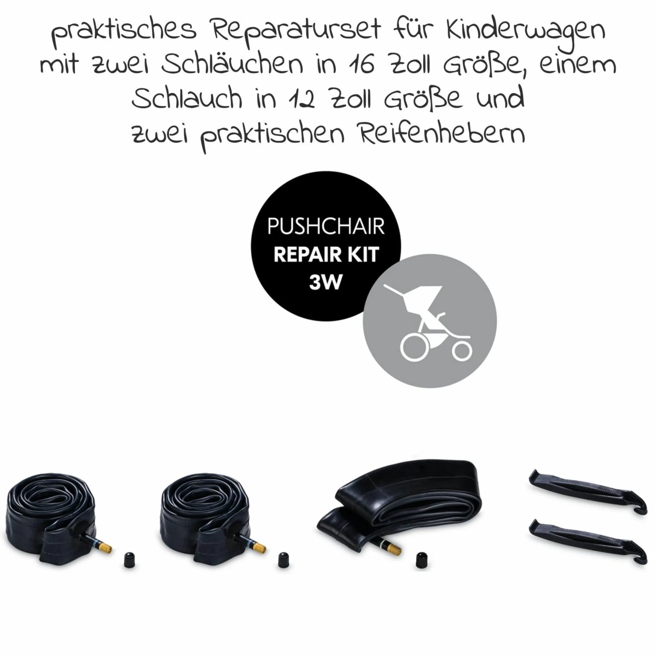 Reparatur Set Lufträder Kinderwagen (2x Schlauch 16 Zoll + 1x Schlauch 12 Zoll + Reifenheber)