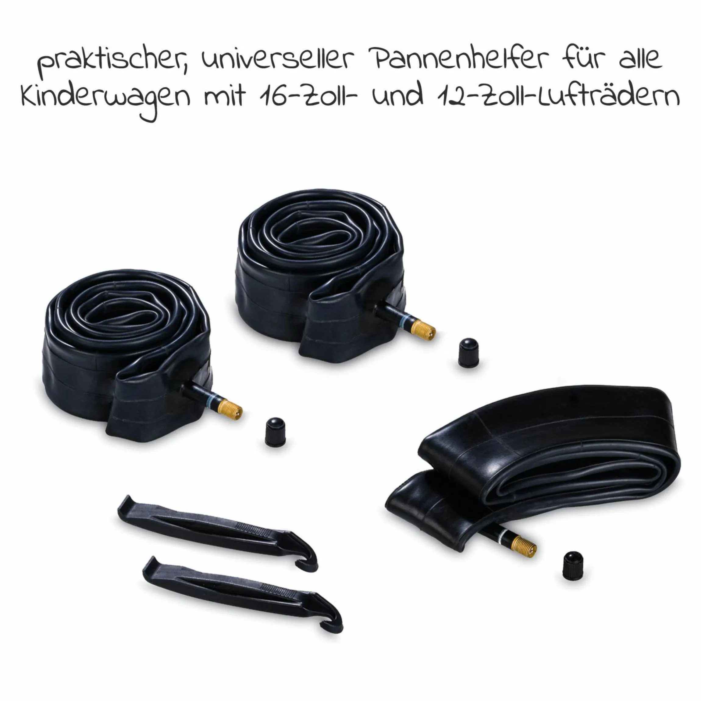 Reparatur Set Lufträder Kinderwagen (2x Schlauch 16 Zoll + 1x Schlauch 12 Zoll + Reifenheber)