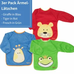 Ärmel-Lätzchen 3er Pack - Giraffe Blau, Tiger Rot & Frosch Grün