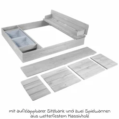 Sandkasten mit aufklappbarer Sitzbank + Spielwannen - Grau