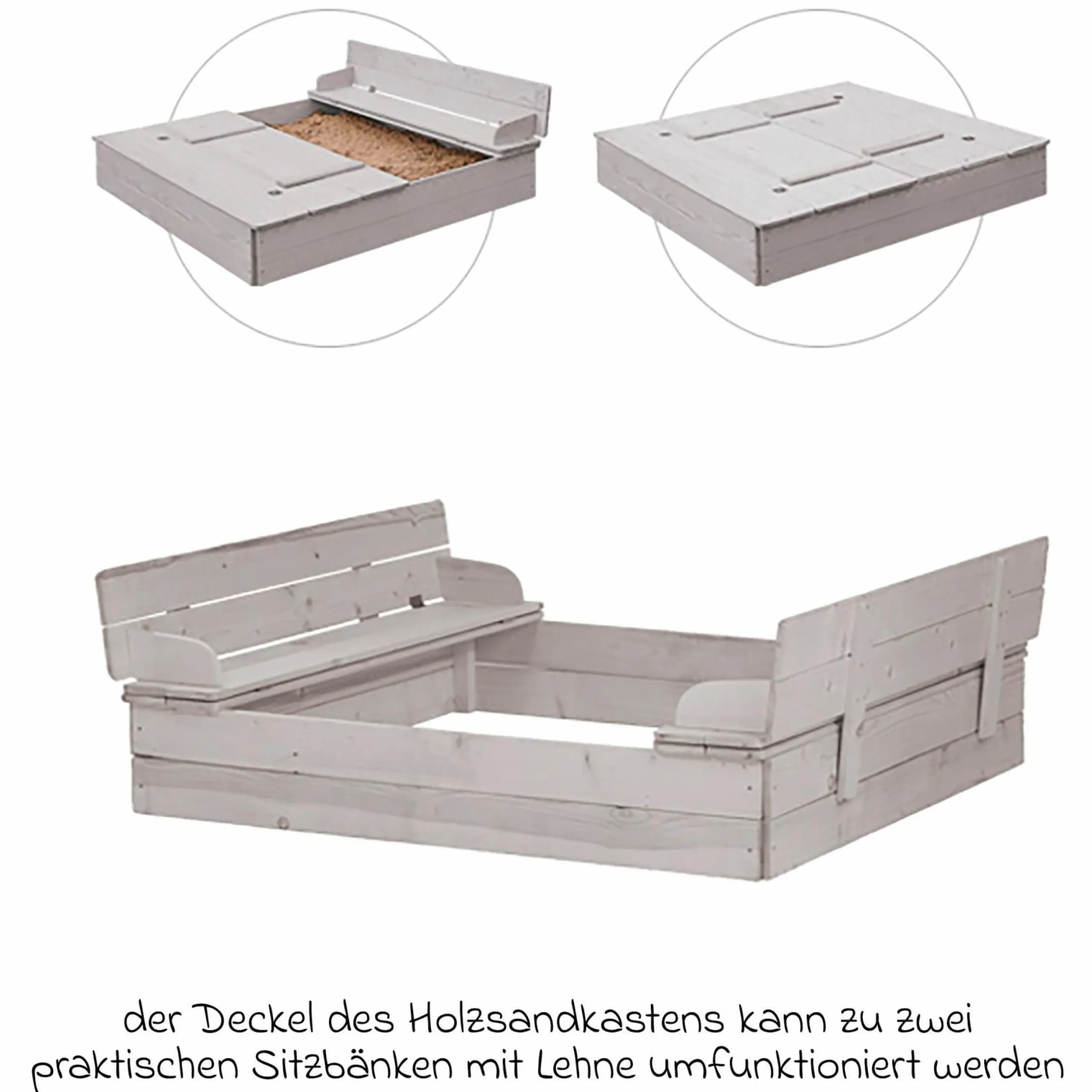 Sandkasten mit aufklappbarer Sitzbank 127 x 123,5 cm - Grau - Kollektion 2025