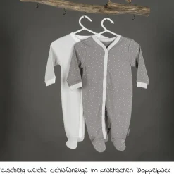 Schlafanzug 2er Pack Strampler Pyjama Einteiler - Grau Uni / Punkte - Gr. 62/68