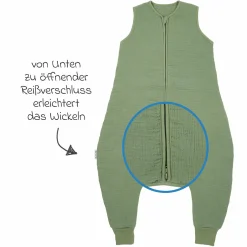 Schlafsack mit Beinen / Schlafoverall Musselin wattiert - Olive Green - Gr. 80 cm
