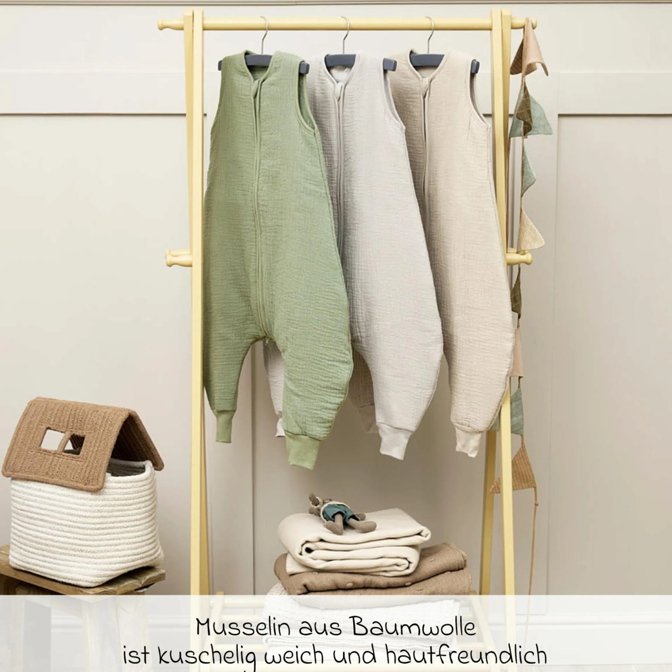 Schlafsack mit Beinen / Schlafoverall Musselin wattiert - Olive Green - Gr. 80 cm