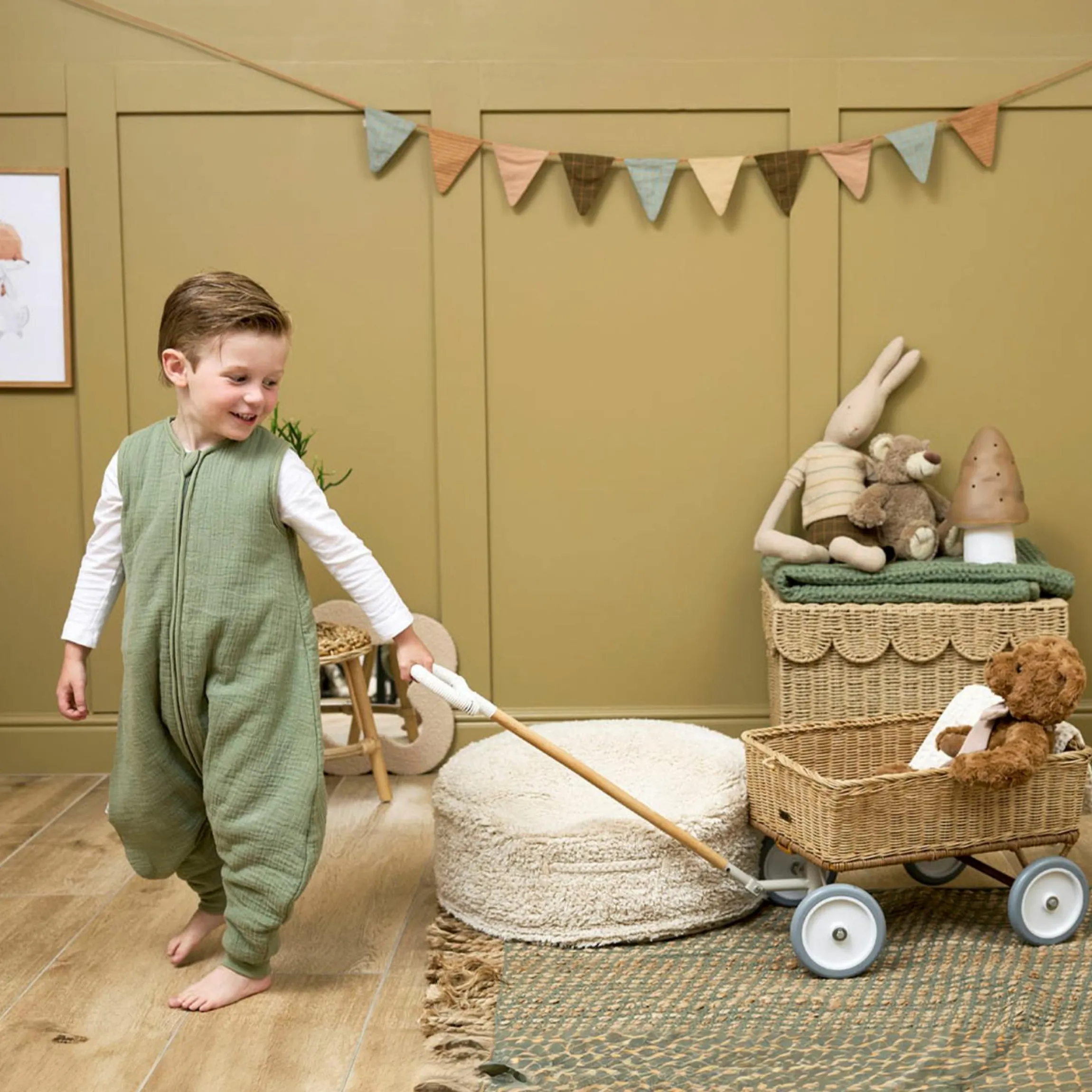 Schlafsack mit Beinen / Schlafoverall Musselin wattiert - Olive Green - Gr. 80 cm