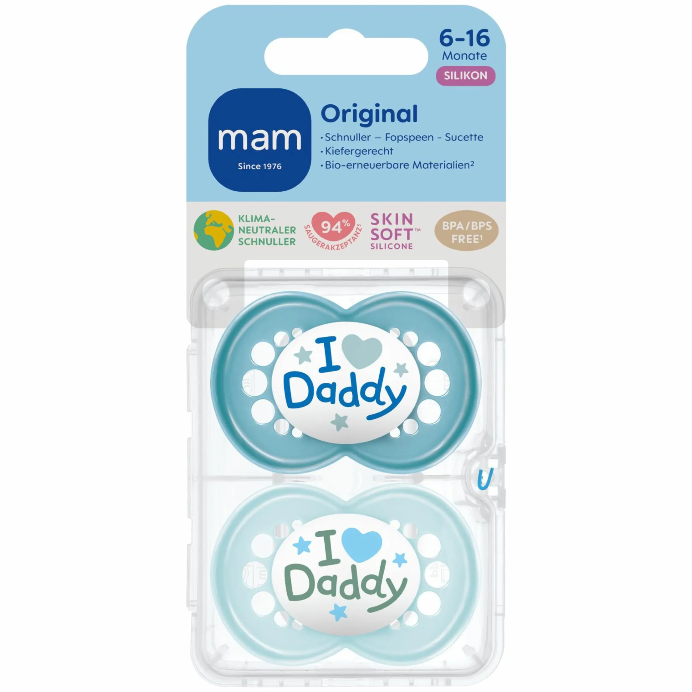Schnuller 2er Pack Original - Silikon 6-16 M - I Love Daddy - Blau