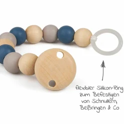 Schnullerkette mit Kautschuk- und Holzperlen - Blau Grau
