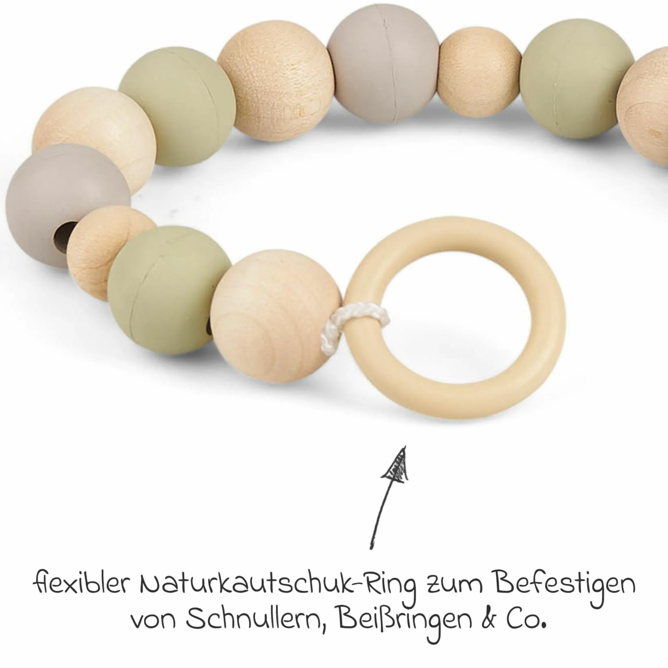 Schnullerkette mit Kautschuk- und Holzperlen - Grau Mint