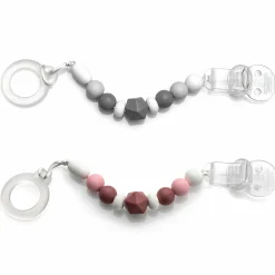 Schnullerkette mit Silikon-Perlen & Gummiring inkl. Clip - 2er Set - Grau Beere