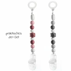 Schnullerkette mit Silikon-Perlen & Gummiring inkl. Clip - 2er Set - Grau Beere