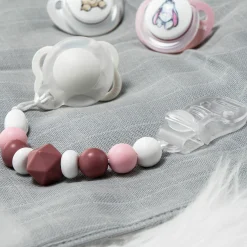 Schnullerkette mit Silikon-Perlen & Gummiring inkl. Clip - 2er Set - Grau Beere