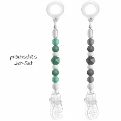 Schnullerkette mit Silikon-Perlen & Gummiring inkl. Clip - 2er Set - Grau Grün