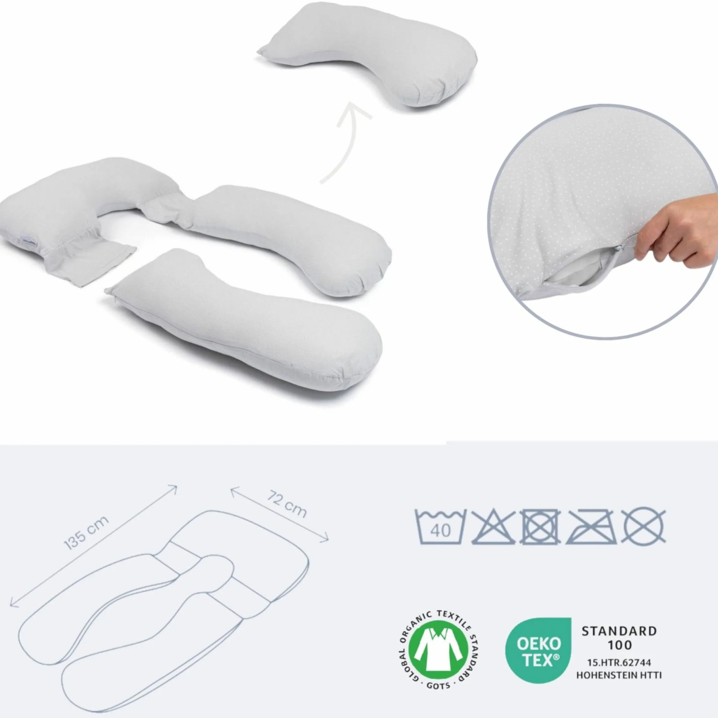Schwangerschafts- & Stillkissen XXL Maxxy mit PES-Faser-Füllung - ideal für Seitenschläfer - Little Dots Grey