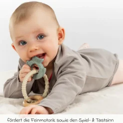 Silikon-Holz-Beißring BiteDuo unterstütz beim Zahnen und fördert die Feinmotorik - Beige Grün - Kollektion 2024