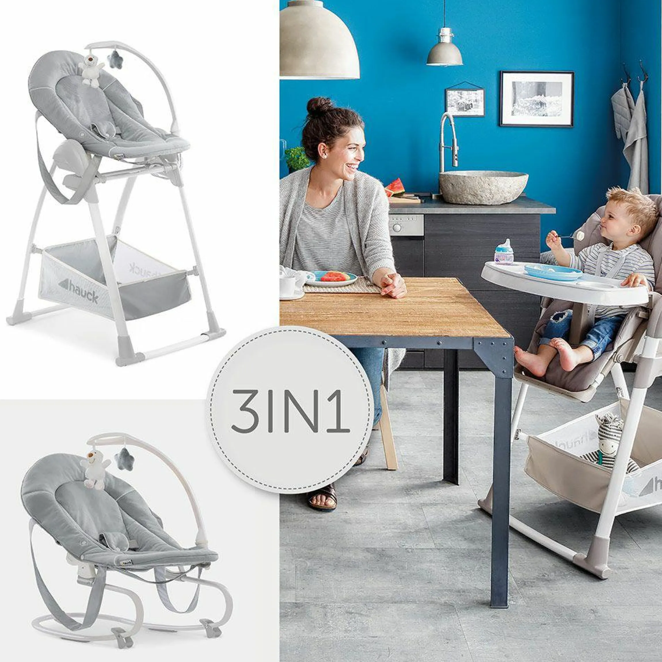 Sitn Relax 3in1 - Hochstuhl ab der Geburt, Babyliege und Wippe - Stretch Grey