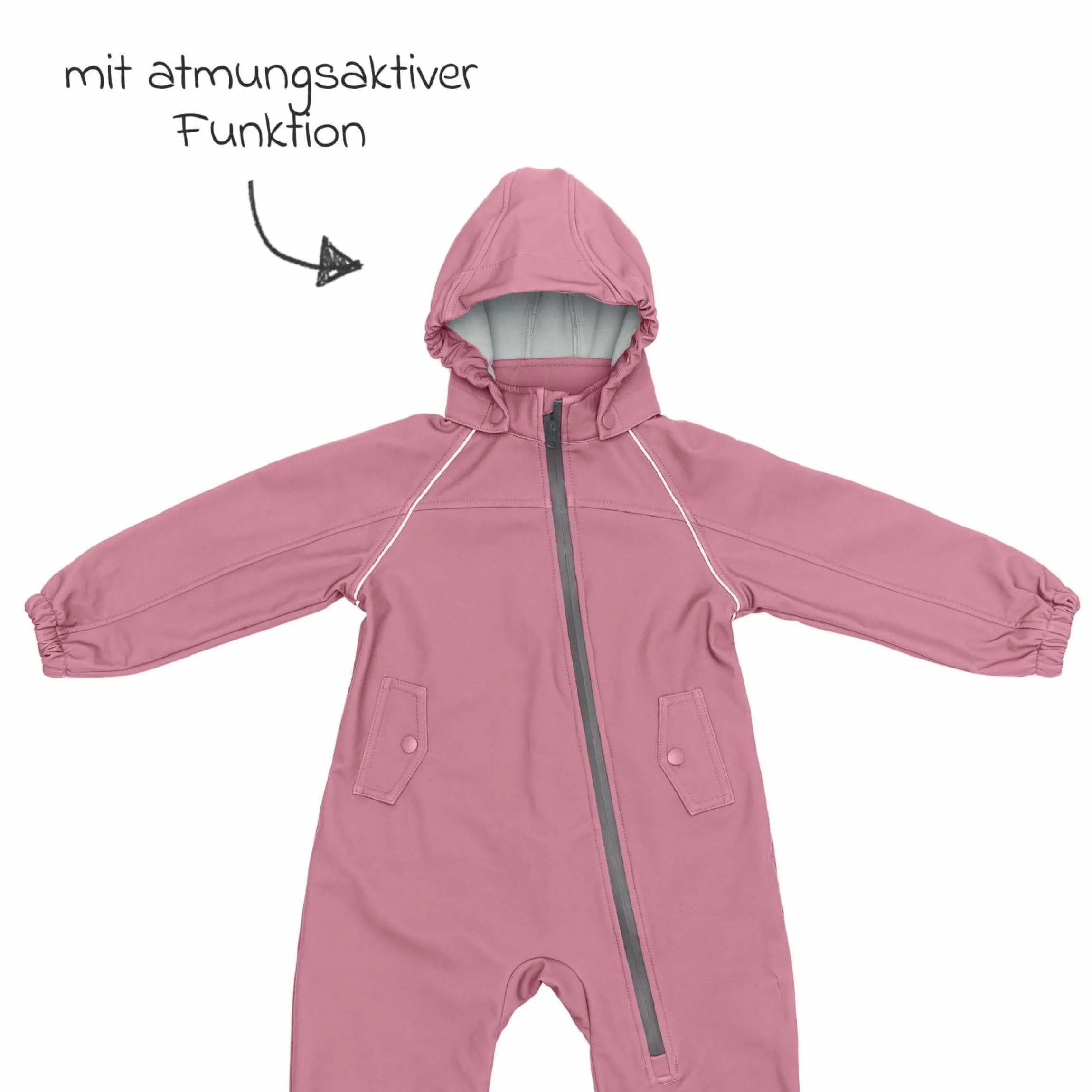 Softshelloverall windicht, wasserabweisend, atmungsaktiv mit Kapuze und elastichen Bündchen - Rose - Gr. 98/104