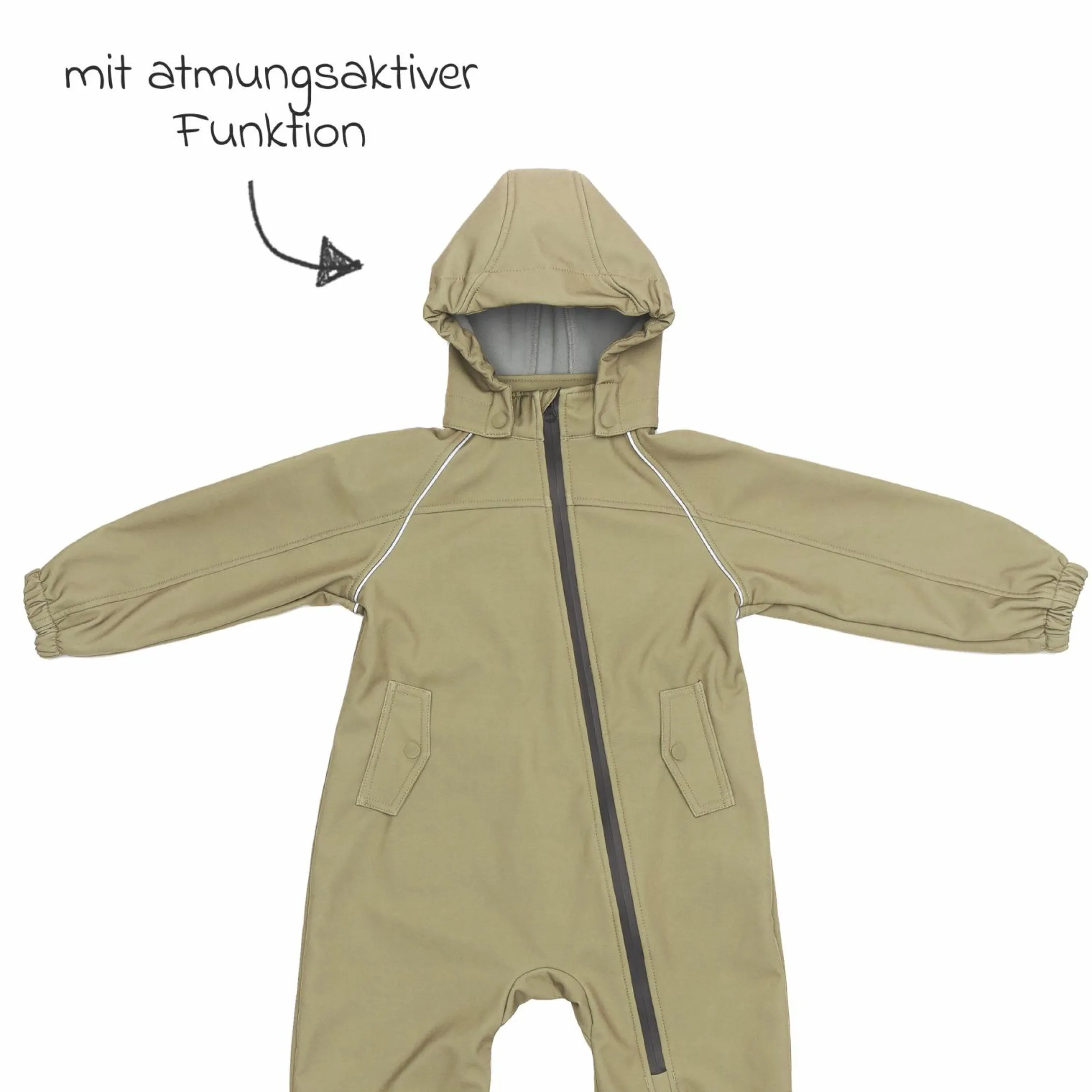 Softshelloverall windicht, wasserabweisend, atmungsaktiv mit Kapuze und elastichen Bündchen - Salbei - Gr. 98/104