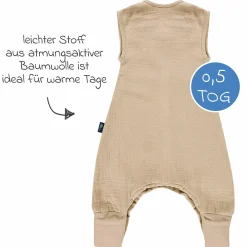 Sommer-Schlafsack mit Füßen Musselin / Sleep-Overall Light Mull + GRATIS Halstuch - Sand-Beige - Gr. 70 cm