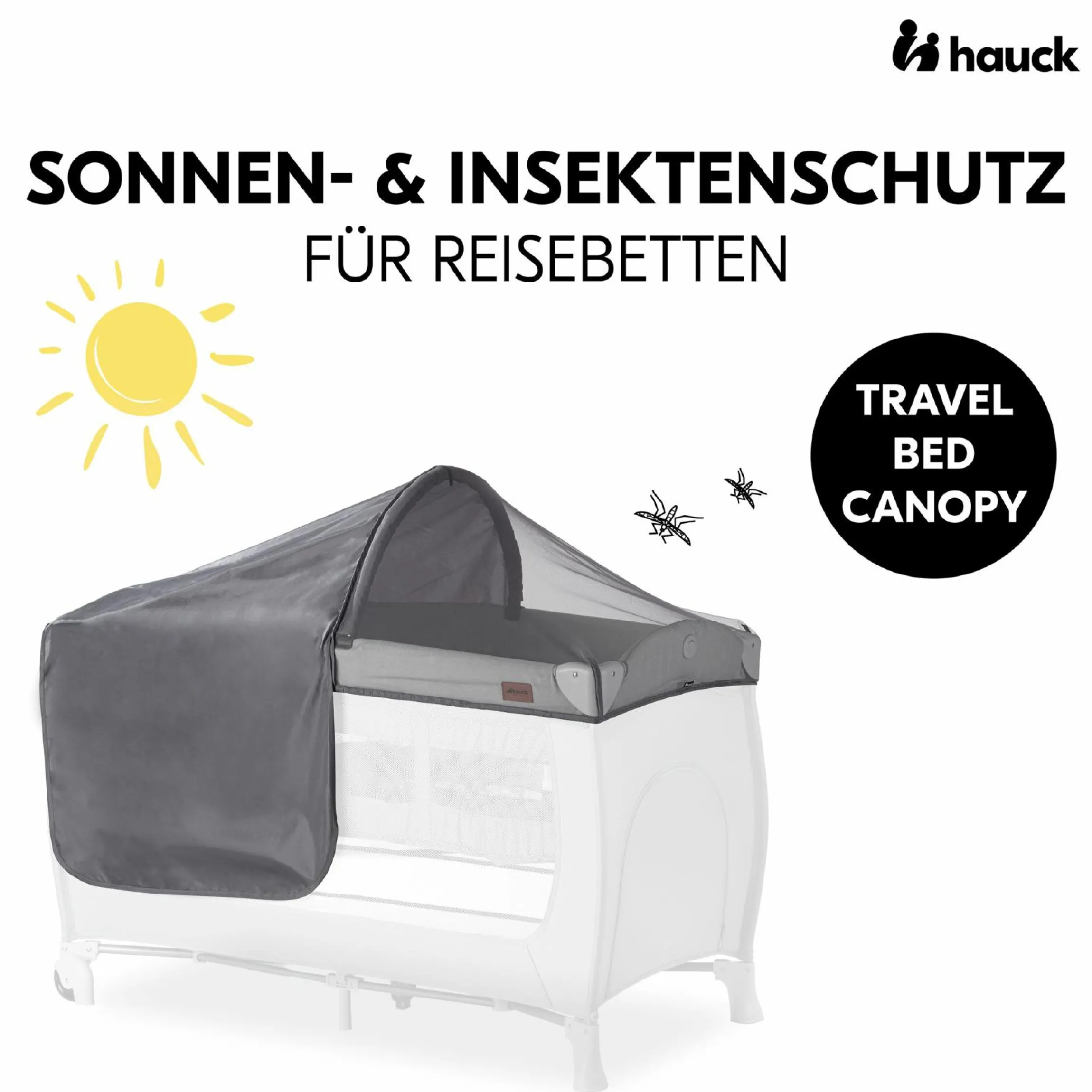 Sonnenschutz, Abdunklung & Moskitonetz für Reisebetten - 3in1 Travel Bed Canopy - Grey