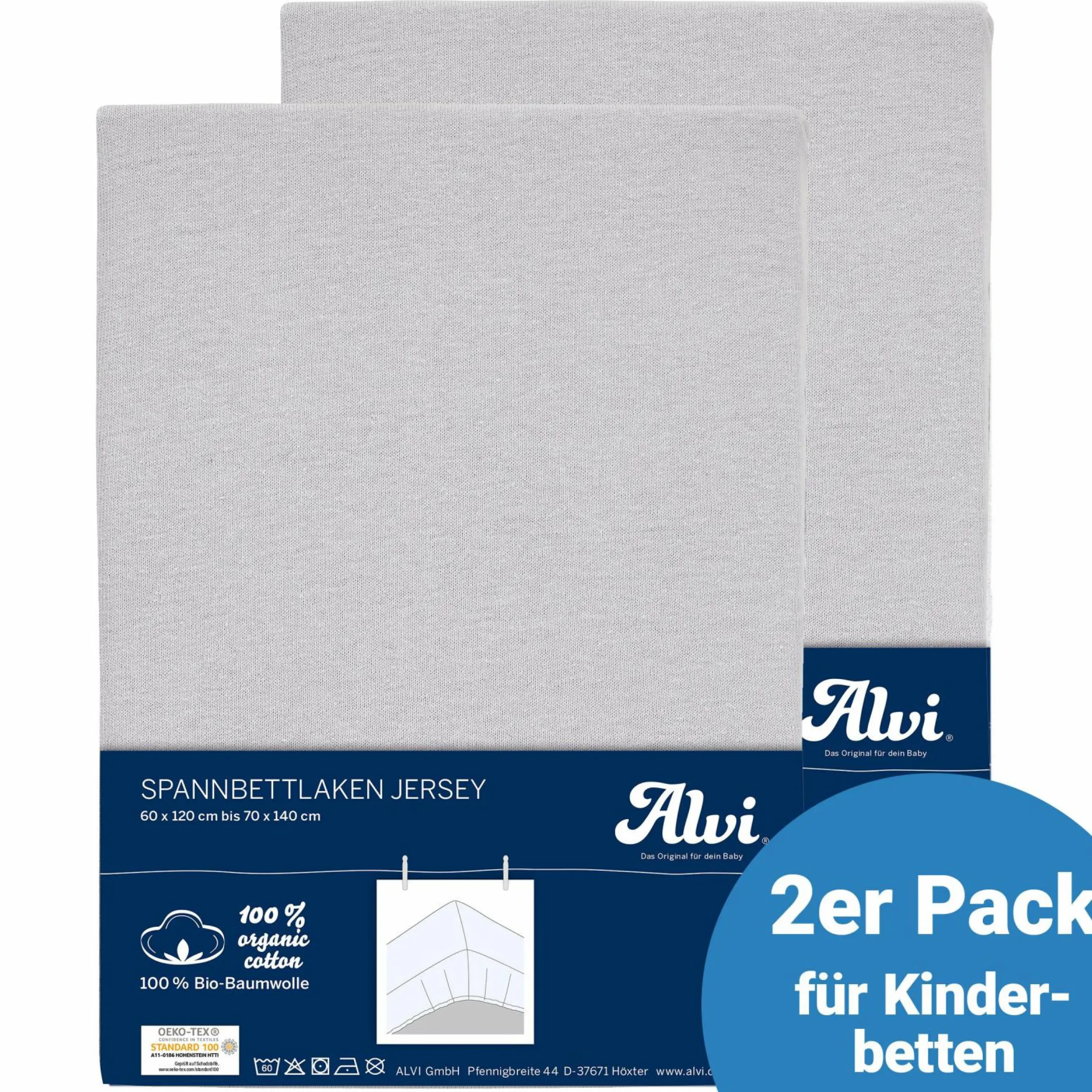 Spannbetttuch 2er Pack aus Bio-Baumwolle für Kinderbett 60 x 120 / 70 x 140 cm - Silbergrau