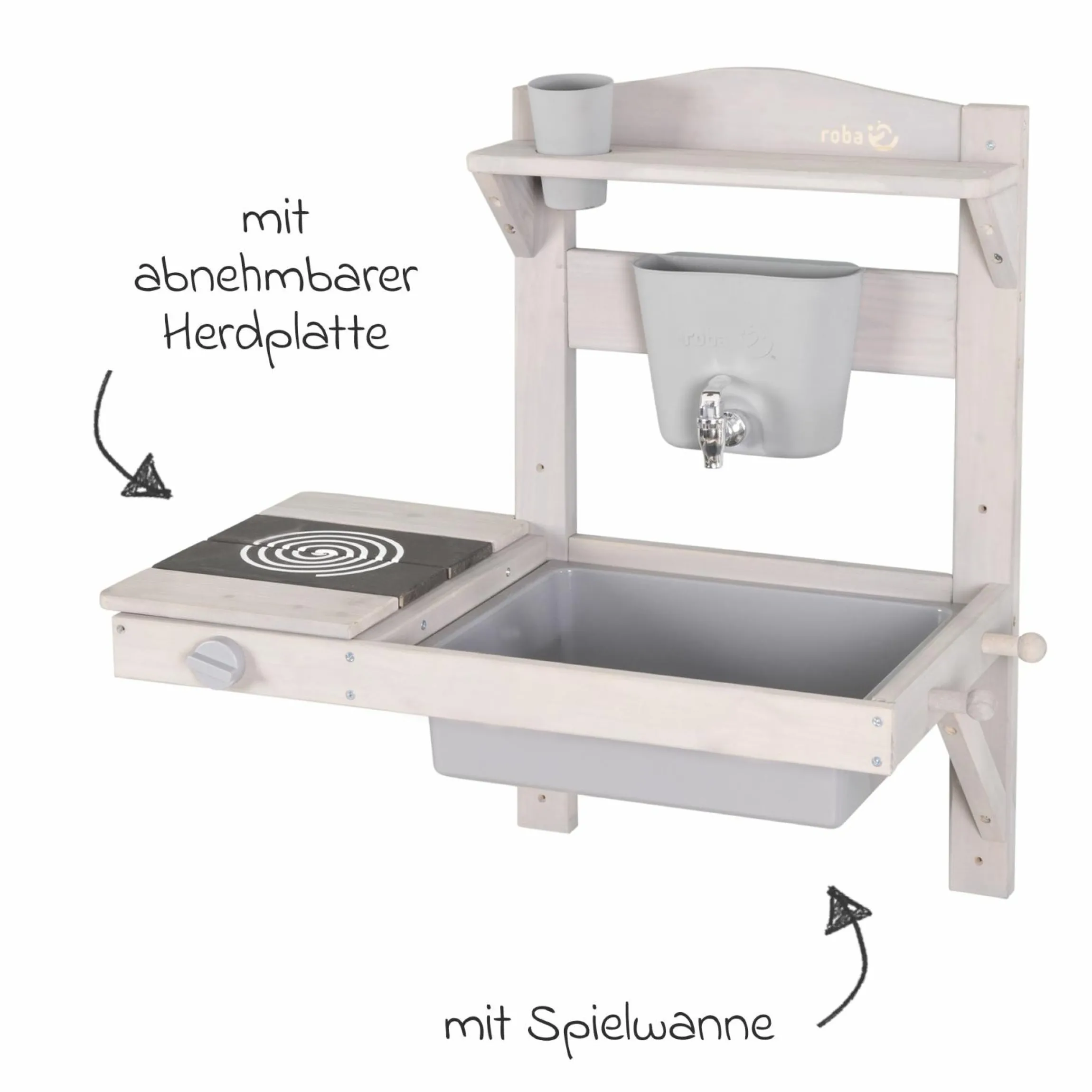 Spiel- und Matschküche kompakt zum Hängen mit Spielwanne, Herdplatte, Wasserbehälter mit Wasserhahn inkl. Zubehör - Grau