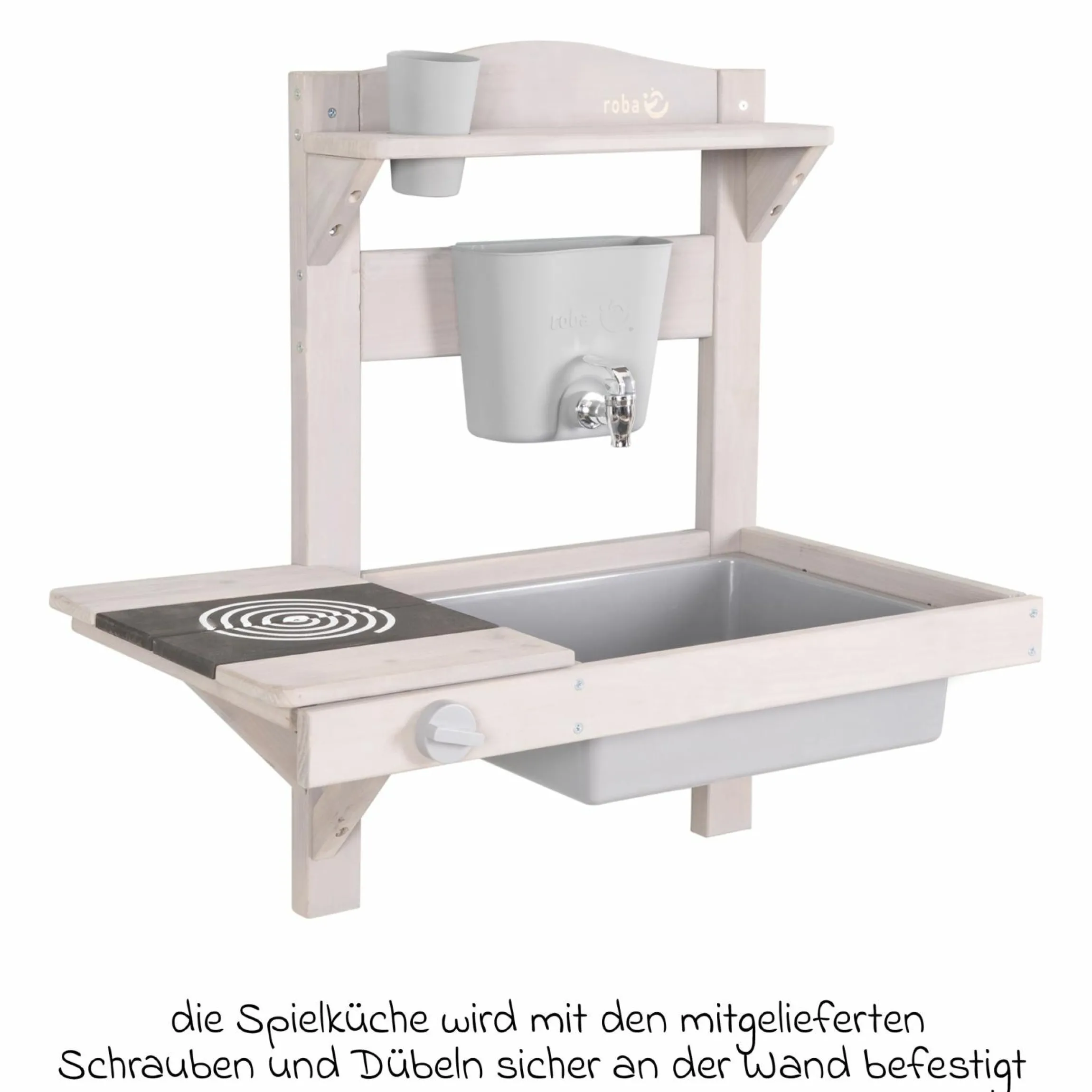 Spiel- und Matschküche kompakt zum Hängen mit Spielwanne, Herdplatte, Wasserbehälter mit Wasserhahn inkl. Zubehör - Grau